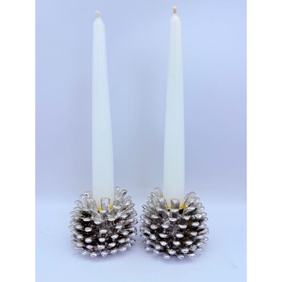 Vintage Poly Resin Pine Cone Candle Holders Silver 1998 by Autumn Accents - Picture 1 of 5